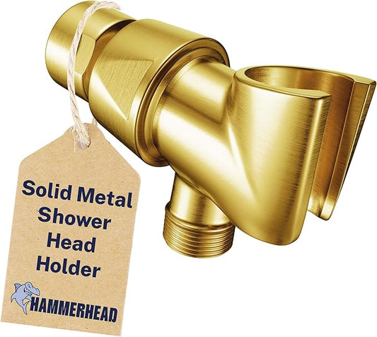 HammerHead Showers Solid Metal Handheld Showerhead Holder, Adjustable Wand Holder with Universal Wall Hook Bracket and Brass Pivot Ball, Brushed Gold
