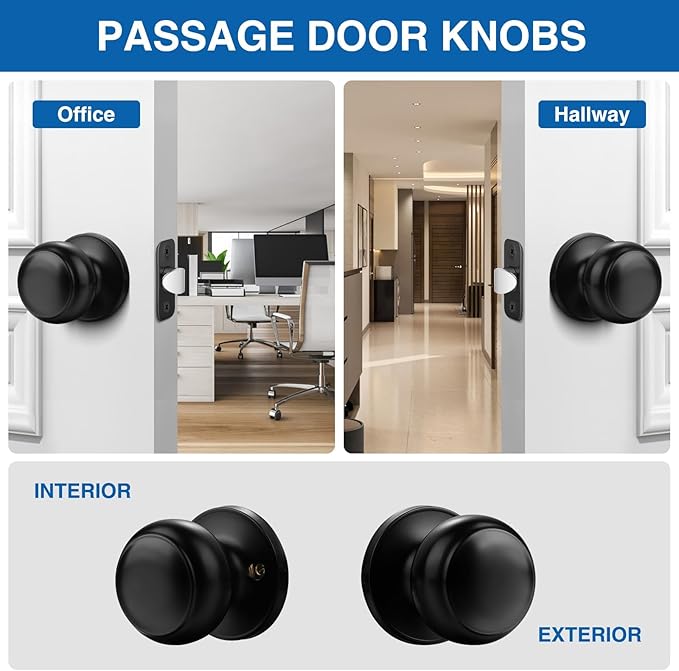 Sopoby Black Door Knob, 10 Pack Round Keyless Doorknobs Interior/Exterior Lockset, Passage Locking Door Knobs for Bedroom/Bathroom, Black Modern Design Door Hardware