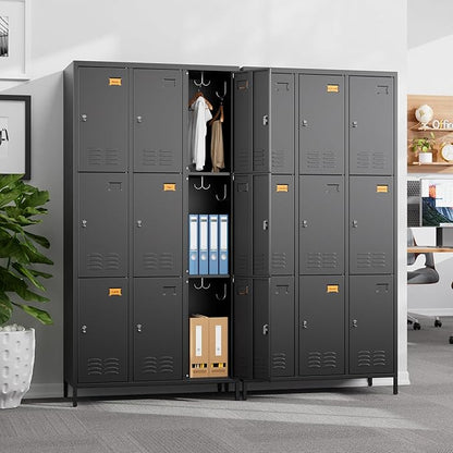 Aobabo 9 Doors Metal Storage Locker for Employees, Metal Locker with 27 Hooks for School Office Gym Garage, Black, Assembly Required