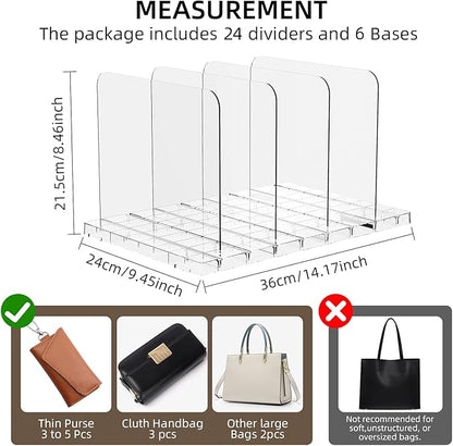 Stackable Bag & Purse Organizer for Closet Acrylic Shelf Dividers for Closet Organization, Clear Handbag Purse Storage Organizer Divider, Keep Clutch, Wallet, Pocketbook Upright, 6 Pack