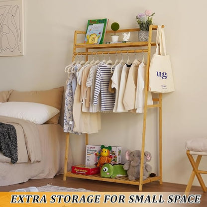 Bamboo Clothing Garment Rack 2 Tier Storage Shelf Coat Clothes Hanging Rack, Portable Wardrobe Closet Organizer With Top Shelf, Shoe Storage Shelves for Bedroom (Natural - 31.5 in)