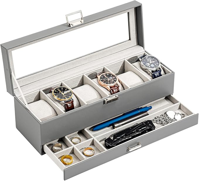 ProCase Watch Box, 6 Slot Watches Display Case with Drawer, Mens Watch Case with Glass Lid, 2-Layer Mens Jewelry Organizer Storage Holder, Birthday Valentine Gifts for Men -6 Slot, Grey