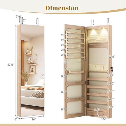 Giantex Wall or Door Mounted Jewelry Armoire with 47.5" Full Length Mirror, Lockable Cabinet with 2 LED Lights, 2 Drawers, Over the Door Large Jewelry Storage Organizer (Light Oak)