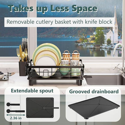 Iron Dish Drying Rack with Drainboard Dish Drainers for Kitchen Counter Extendable Spout Strainers with Utensil Holder and Knife Slots, Black