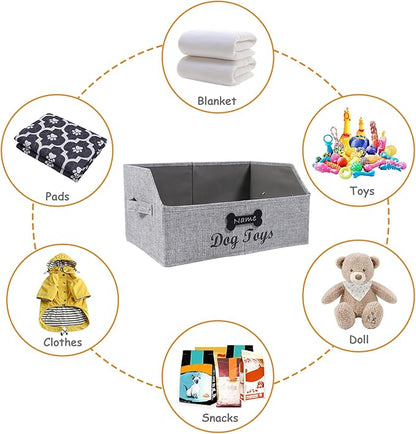 Geyecete dog toy basket Large dog toy bin dog toy box storage box-Foldable Fabric Trapezoid Organizer Boxes with Handle,Can be Personalized for Dog Toys (Gray-DOG)