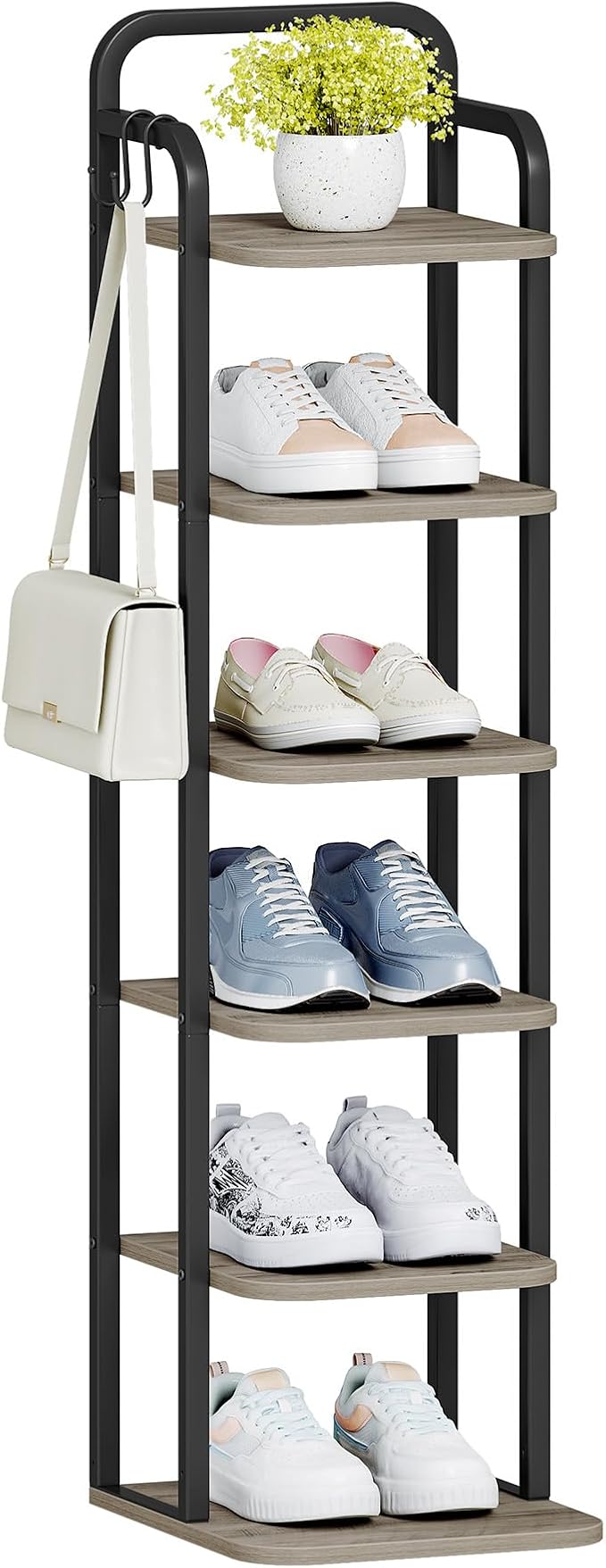 6 Tiers Vertical Shoe Rack, Narrow Shoe Tower, Tall Shoes Shelf with 2 Hooks, Adjustable Shelves, Corner Shoes Shelves for Small Spaces, Entryway, Living Room, Greige, SR04205B