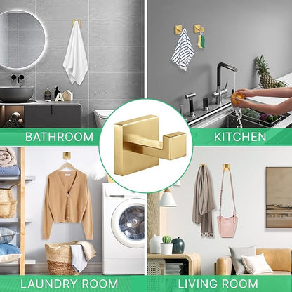 Heavy Duty Stainless Steel Towel Hooks, Wall Mounted Square Robe Hooks for Bathroom, Kitchen, Bedroom, Hotel Brushed Gold 2 Pack