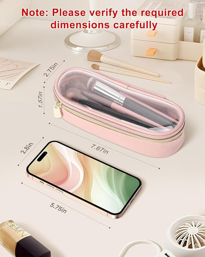 Clear Travel Makeup Brush Holder, Leather Makeup Brush Toiletry Bag, Portable Cosmetic Brush Case, Transparent Waterproof Makeup Brush Storage Bag, Pink
