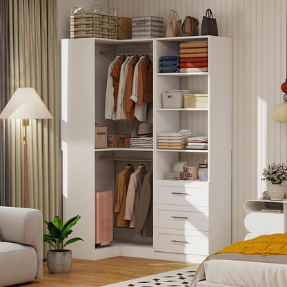 Corner Closet System, 31" Corner Closet Organizer With 3 Hanging Rods, Wood Walk In Closet System for Small Space, L Shaped Corner Closet, White