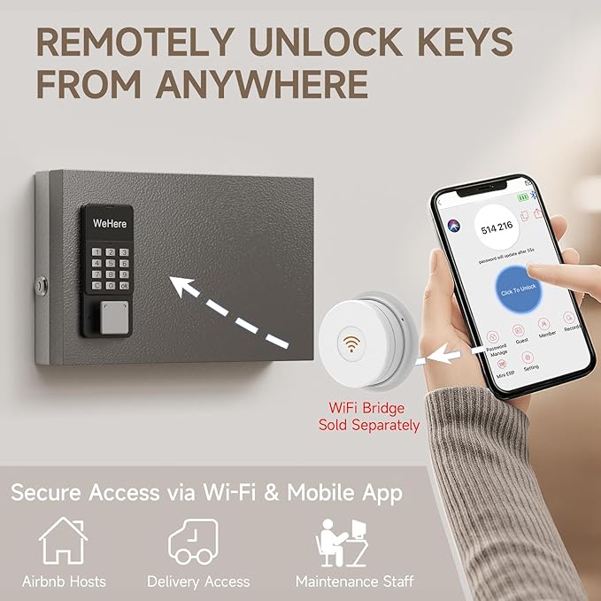 WeHere 16-Key Key Lock Box Wall Mount – Smart Key Cabinet with App, Keypad, Bluetooth & WiFi Unlock (Sold Separately), Key Organizer for Home, Access Log Tracking Key Management for Small Office