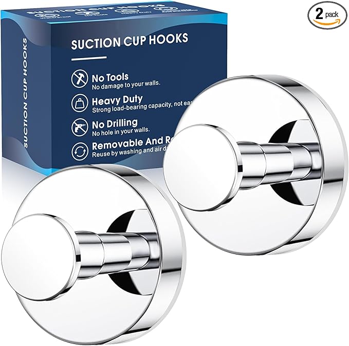 Suction Cup Hooks for Shower,Removable Shower Towel Suction Hooks for Bathroom Wall,Kitchen,Glass,Mirror,Tile to Hang Robes,Loofah-Chrome(2-Pack)