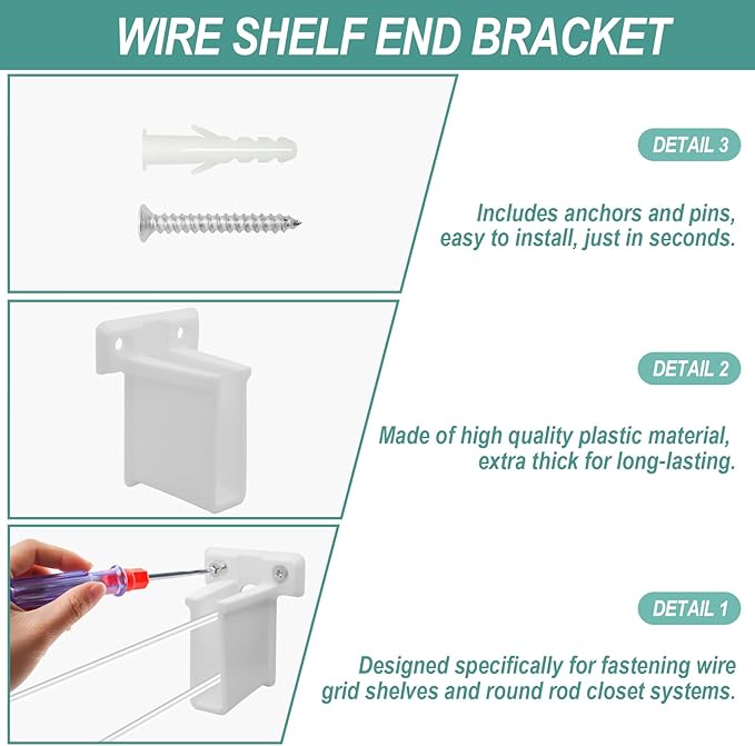 4 Pack Wire Shelf End Bracket - Heavy Duty Closet Shelf Brackets, White Plastic Closet Rod & Wall Shelf Supports with Screws, Suitable for Mesh Shelving