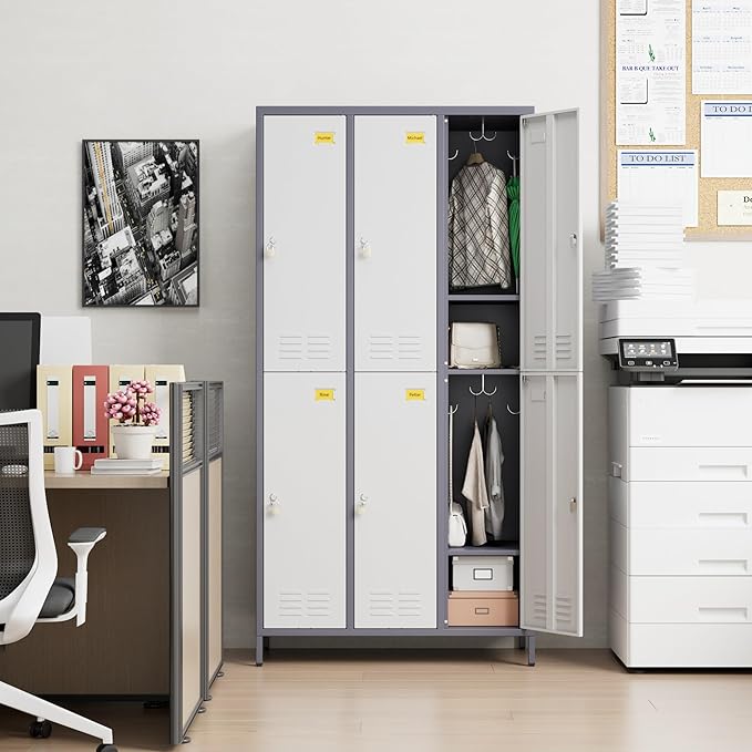 Aobabo Upgraded Metal Storage Lockers for Employees, 72inch Tall 6 Doors Metal Locker with Lock and Name Card Slot, Industrial Storage with 18 Hooks, for Office Gym, Assembly Required,Grey White
