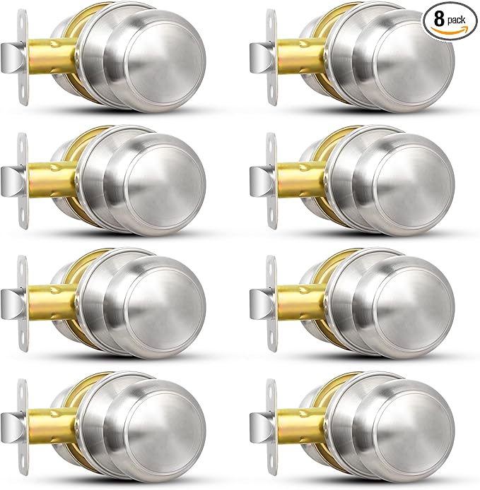 Sopoby Brushed Nickel Door Knob, 8 Pack Round Keyless Doorknobs Interior/Exterior Lockset, Passage Door Knobs for Bedroom/Bathroom, Modern Design Door Hardware
