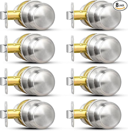 Sopoby Brushed Nickel Door Knob, 8 Pack Round Keyless Doorknobs Interior/Exterior Lockset, Passage Door Knobs for Bedroom/Bathroom, Modern Design Door Hardware