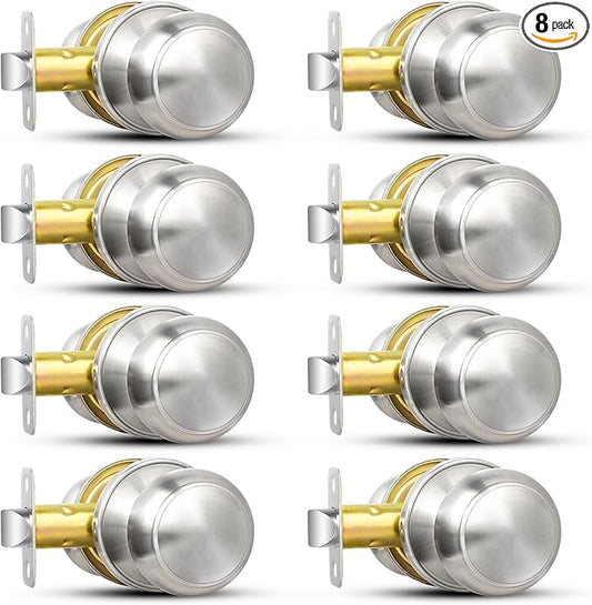 Sopoby Brushed Nickel Door Knob, 8 Pack Round Keyless Doorknobs Interior/Exterior Lockset, Passage Door Knobs for Bedroom/Bathroom, Modern Design Door Hardware