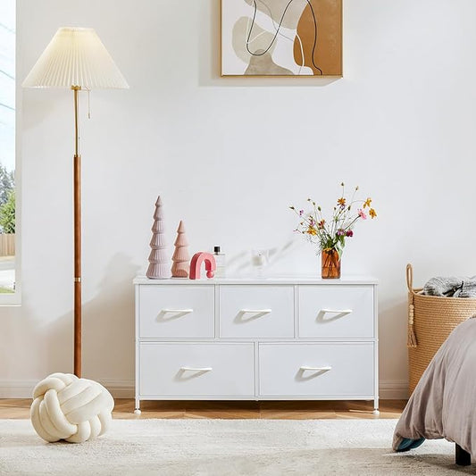 OLIXIS Dresser for Bedroom with 5 Drawers, Wide Chest of Drawers, Fabric Bedroom Dresser with Drawer Organizers, Storage Organizer Unit with Fabric Bins for Closet, Living Room, Hallway, Classic White