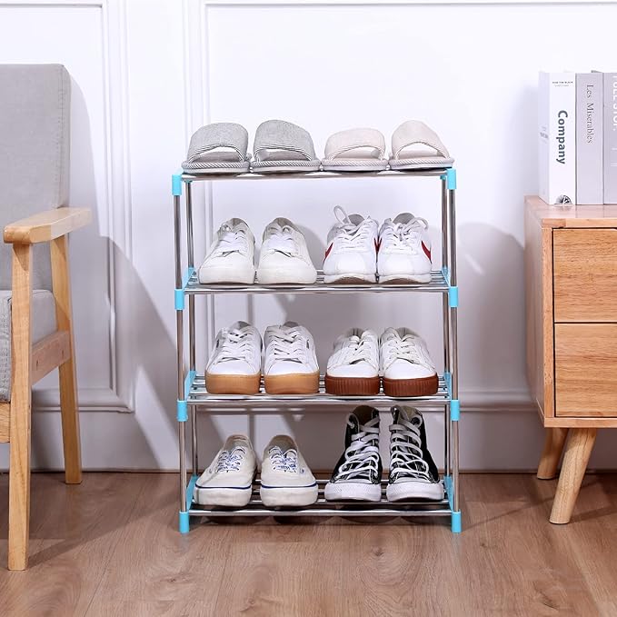 Stackable Small Shoe Rack, Entryway, Hallway and Closet Space Saving Storage and Organization (3-Tier, Blue)