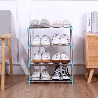 Stackable Small Shoe Rack, Entryway, Hallway and Closet Space Saving Storage and Organization (4-Tier, Blue)