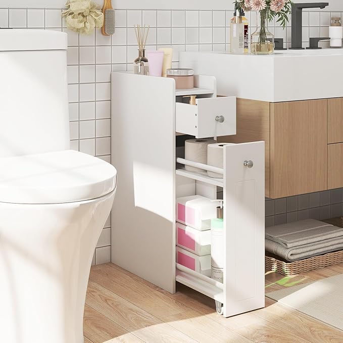 Tangkula Slim Bathroom Storage Cabinet, 4-Tier Narrow Small Side Storage Cabinet Next to Toilet, Slide Out Drawers on Casters, Bathroom Floor Organizer Toilet Paper Holder for Small Spaces (White)
