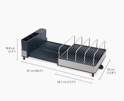 Joseph Joseph Extend Max Steel Expanding Dish Drying Rack, high Capacity for Large Items, Cutlery and Knife Holder, Swivel Draining Spout, Stainless Steel