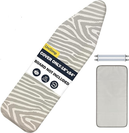 Ironing Board Cover and Pad 18"x54" Extra Thick Natural Cotton, Scorch and Stain Resistant Iron Board Cover, Extra Large Iron Board Cover with Fasteners Heavy Duty Heatproof Elastic Edge Zebra
