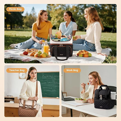 LOVEVOOK Insulated Lunch Bag For Women,Large Double Deck Adult Lunch Box,Teacher Lunch Tote Bag With Cup Holder,Leakproof Cooler Bag With Adjustable Shoulder Strap For Work Picnic Beach
