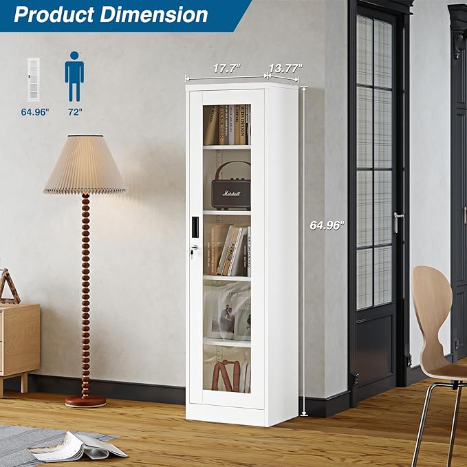 Display Storage Cabinet with Glass Doors, 65 Inches Metal Curio Cabinets with 4 Adjustable Shelves, HD Tempered Glass Cabinet Display Case for Home, Office, Pantry, Assemble Required (White)