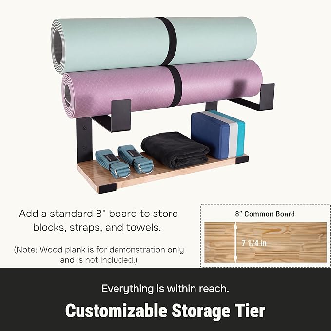 Yoga Mat Holder with Protective Padding Wall Mount Steel Storage Rack, 2 Tier Adjustable Width Hanger for up to 4 Foam Rollers, Easy Installation