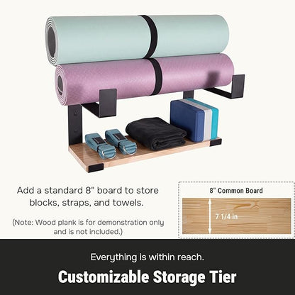 Yoga Mat Holder with Protective Padding Wall Mount Steel Storage Rack, 2 Tier Adjustable Width Hanger for up to 4 Foam Rollers, Easy Installation