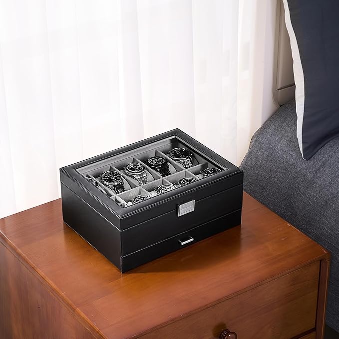 ProCase Watch Box, 10 Slot Watches Display Case with Drawer, Mens Watch Case with Glass Lid, 2-Layer Mens Jewelry Organizer Storage Holder, Birthday Valentine Gifts for Men -10 Slot, Black