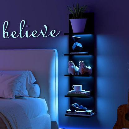 5-Tier Wall Shelf Unit with RGB Light, Floating Lack Shelf for Storage, Wall Mounted Vertical Display Shelf for Bedroom Living Room Vanity, Black