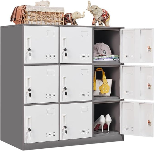 Student Locker Organizer, Multi-Door Steel Locker, Small Locking Cabinet Storage Organizer, Office File Cabinet, Home Locker, Gym Locker, Metal Storage Locker (9 Door, Grey & White)