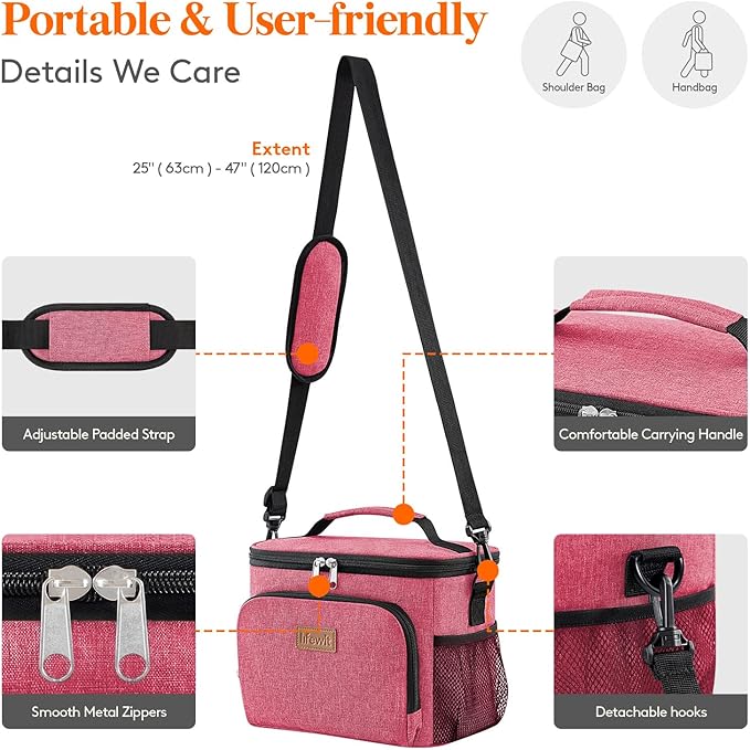 Lifewit Reusable Insulated Lunch Bag, Portable Cooler Freezable Soft Lunchbox Leakproof with Adjustable Shoulder Strap for Men Women Adult for Work Picnic or Travel, 9L 12 Can, Pink