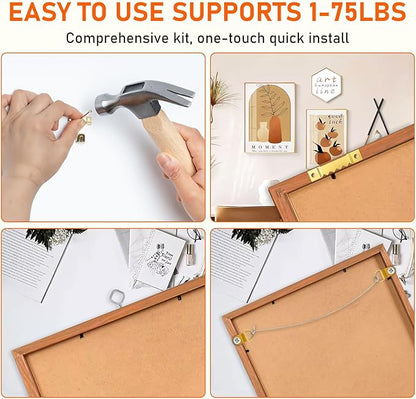 Picture Hanging Kit, 224pcs Hanging Hardware with Hooks, Wire, Nails, D Rings, Photo Sawtooth Hangers, Ring Hooks, Wall Art Frame Hanging Kit with Yellow Magnetic Level and Small Claw Hammer