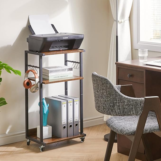 YMYNY Mobile Printer Stand, 3-Tier Printer Cart with Adjustable Storage Shelf and 6 S-Hooks, Tall Printer Table for Home Office, for Computer Tower Stand, Shredder, CPU Stand, Rustic Brown, UHPT002H