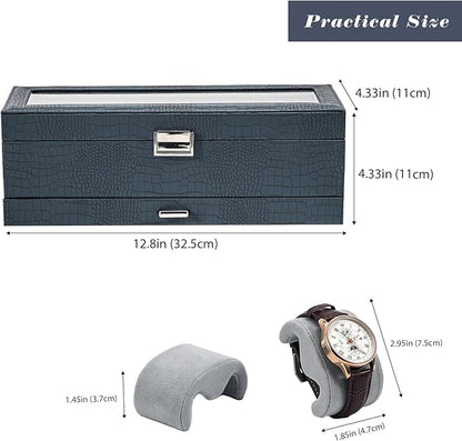 ProCase Watch Box, 6 Slot Watches Display Case with Drawer, Mens Watch Case with Glass Lid, 2-Layer Mens Jewelry Organizer Storage Holder, Birthday Valentine Gifts for Men -6 Slot, CrocCobaltBlue