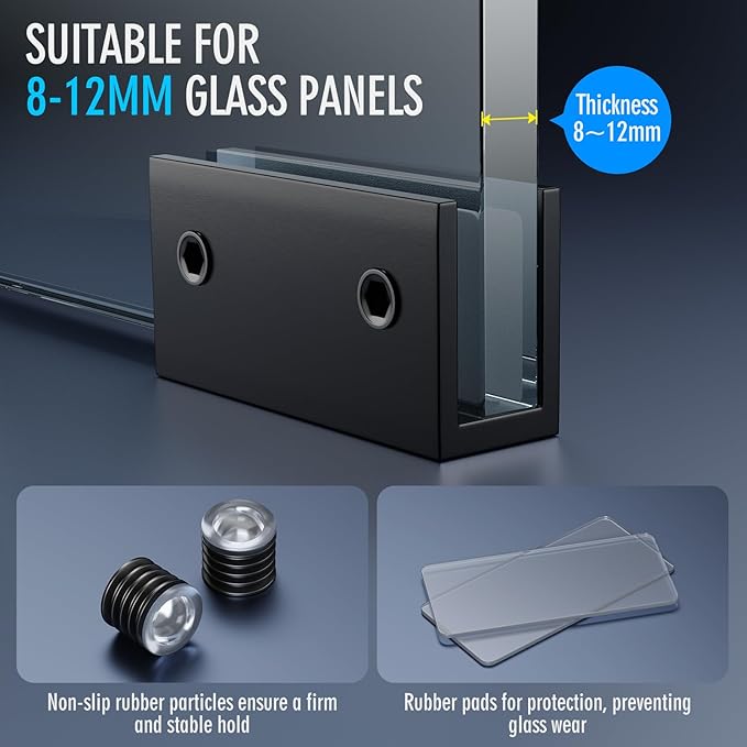 Ranbo 2 Pcs Frameless Glass Clamp Brackets for Shelf and Shower, Heavy Duty Wall Mount Rectangular Holders for 1/4" to 1/2" Panels, Matte Black Finish Hardware