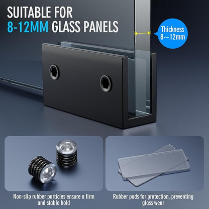 Ranbo 2 Pcs Frameless Glass Clamp Brackets for Shelf and Shower, Heavy Duty Wall Mount Rectangular Holders for 1/4" to 1/2" Panels, Matte Black Finish Hardware