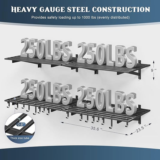 4-Pack 2x3ft Garage Shelving Wall Mounted, 2' x 3' Heavy Duty Garage Storage Shelves with Hooks, 1000LB Capacity