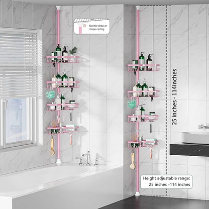 Corner Shower Caddy Tension Pole - Pink - Rustproof Adjustable Bathroom Organizer Shelf for Shampoo, 25–114.2 Inch Shower Rack for Renters, Apartments