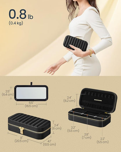 SONGMICS HOME Travel Jewelry Case, Travel Jewelry Box Organizer with Mirror, 4.1 x 8 x 2.4 Inches, Stitching, Portable, Gift Idea, Ink Black UJBC180B01