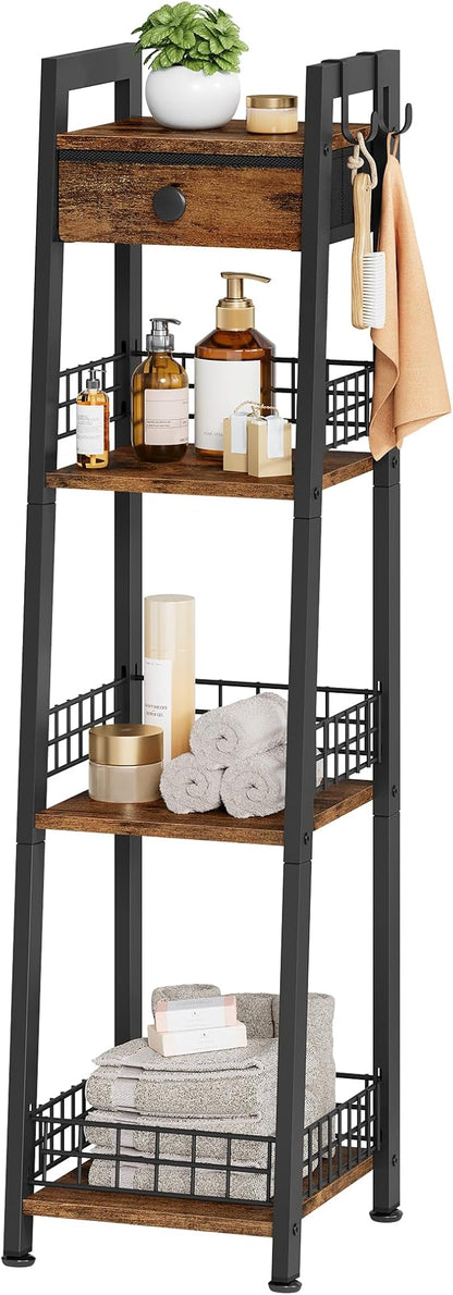 4-Tier Narrow Ladder Shelf with Drawer, Bathroom Table Stand for Small Space, Narrow Bathroom Standing Shelves with Storage for Living Room Bedroom Kitchen, Organizer Shelf, Rustic Brown