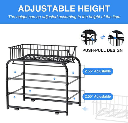 AIYAKA Pull-out Cabinet Organizer, Stackable 2-tier Under Sink Rack, with Sliding Storage Drawer for Pantry, and Desktop, for Bathroom, Kitchen, Office, Black