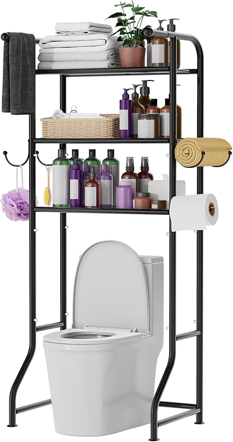 3-Tier Over The Toilet Storage Shelf，Bathroom Organizers and Storage Over Toilet，Metal Bathroom Space Saver with 2 Bars，1 Paper Holder and 4 Hooks,Black