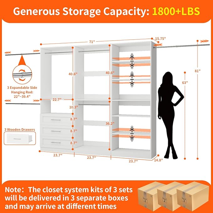 Closet System of 3 Sets, 6-15FT Closet Organizer System Wood with 3 Drawers & 7 Shelves, Walk in Closet Organizer Shelving System with 6 Hanging Rods, Modular Closet System Kits Adjustable, White