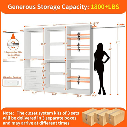 Closet System of 3 Sets, 6-15FT Closet Organizer System Wood with 3 Drawers & 7 Shelves, Walk in Closet Organizer Shelving System with 6 Hanging Rods, Modular Closet System Kits Adjustable, White