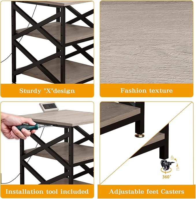 Large Printer Stand with Power Outlet, with Height Adjustable Storage Shelf, 3 Tier Rolling Printer Cart with Industrial Wheels, 23.6 x 23.6 Inches Printer Table for Home Office, Greige