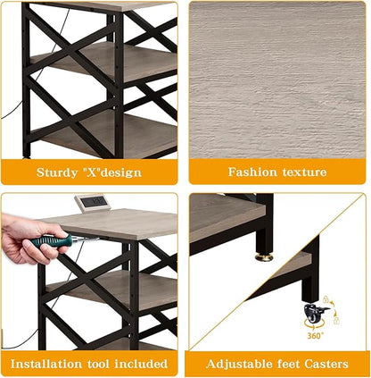 Large Printer Stand with Power Outlet, with Height Adjustable Storage Shelf, 3 Tier Rolling Printer Cart with Industrial Wheels, 23.6 x 23.6 Inches Printer Table for Home Office, Greige