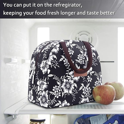 BALORAY Lunch Bag for Women Men Insulated Lunch Box for Adult Reusable Lunch Tote Bag for Work, Picnic or Travel (White Flower)
